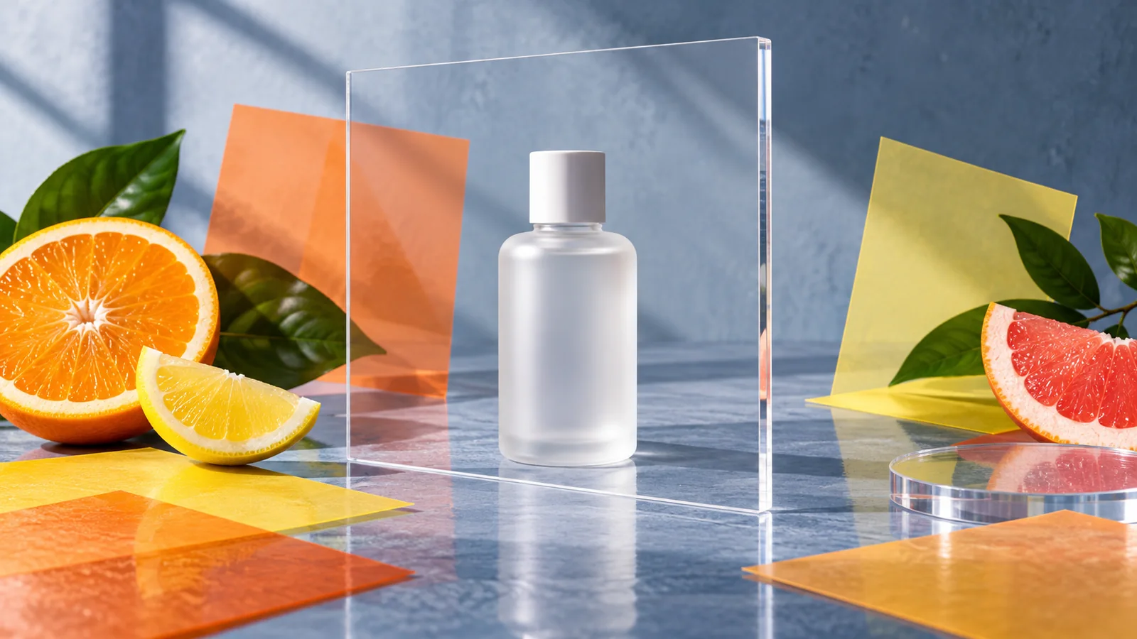 Unlabeled frosted bottle behind clear acrylic among colored paper swatches and citrus
