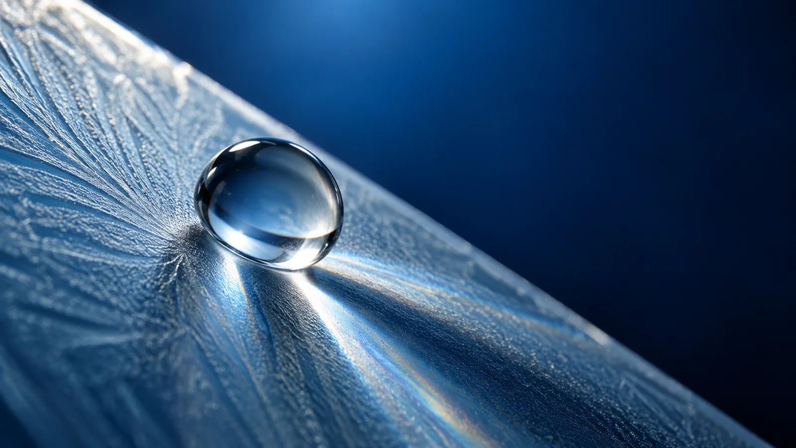 A clear droplet refracting blue light on etched unnumbered glass