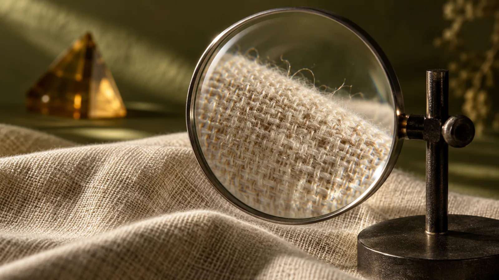 A magnifying lens revealing individual cream linen fibers against an olive background