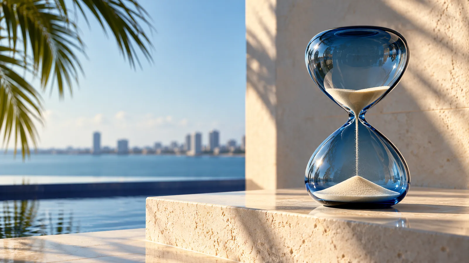 Blue glass hourglass on sunlit stone beside the South Florida waterfront