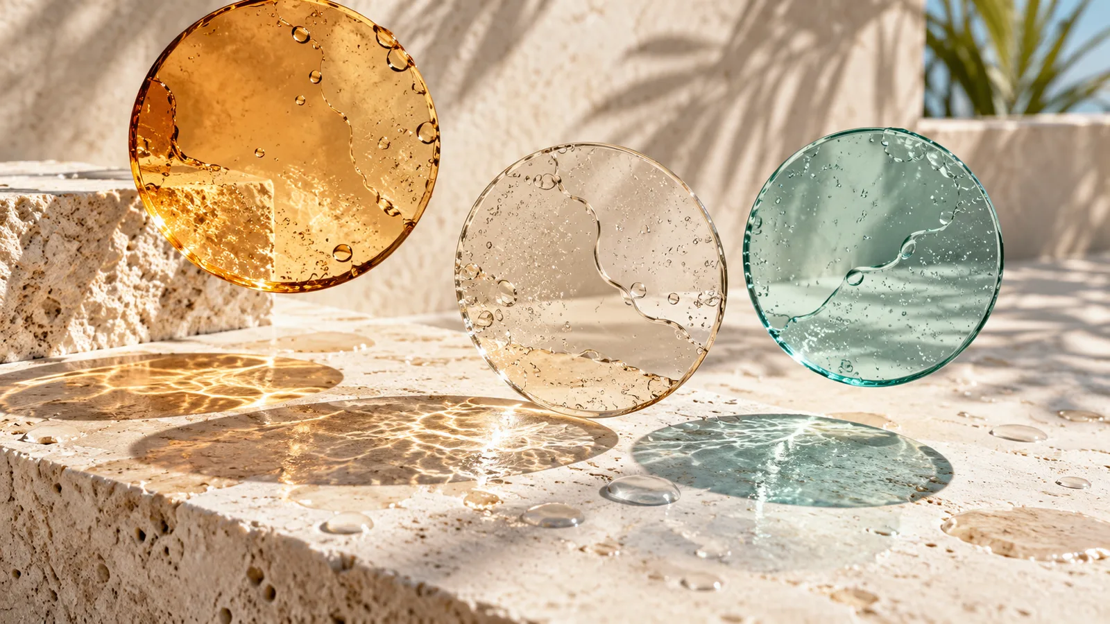 Amber, clear and teal glass layers cast distinct shadows on sunlit stone