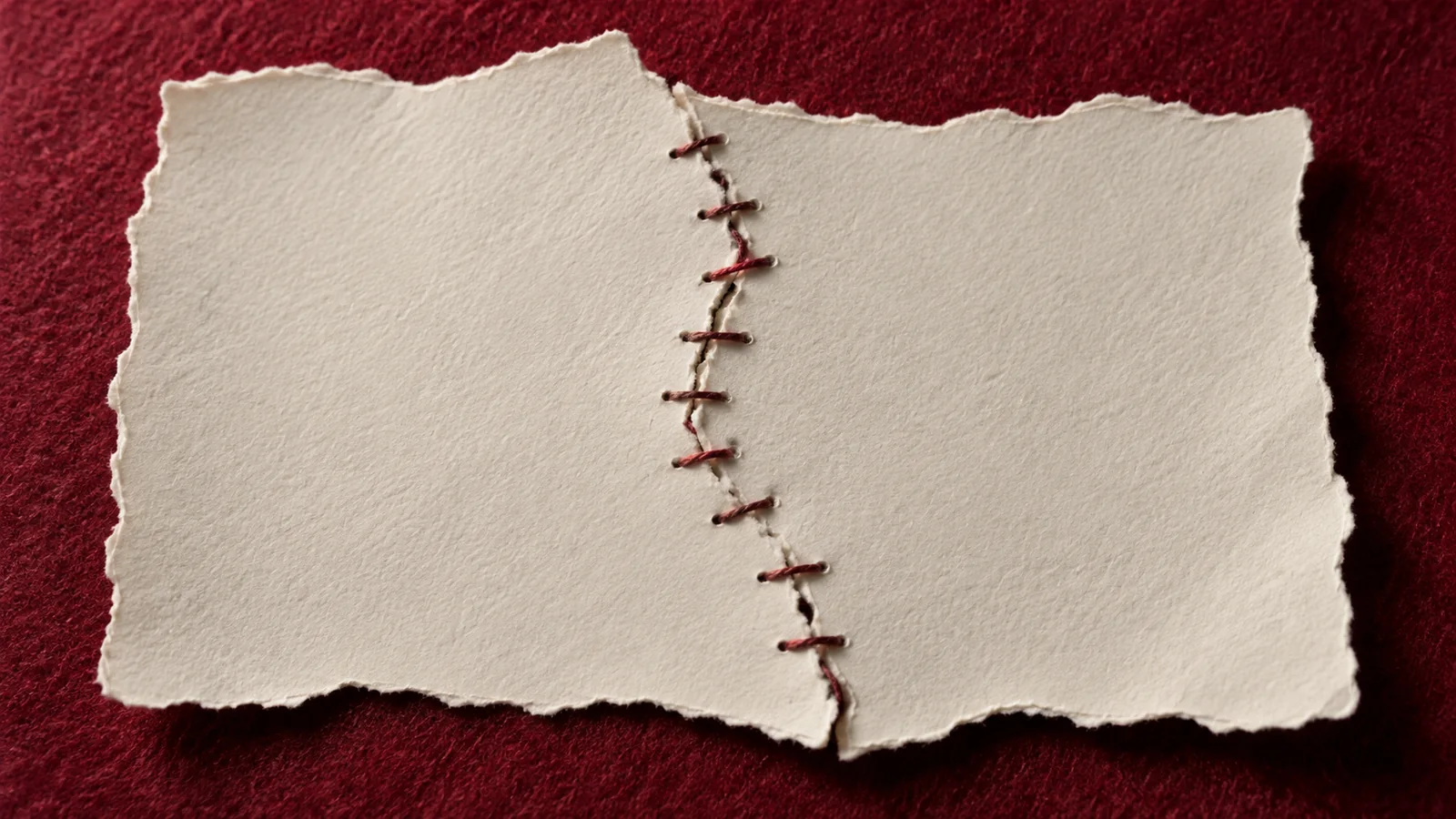 A blank ivory paper sheet joined with fine stitching on burgundy felt