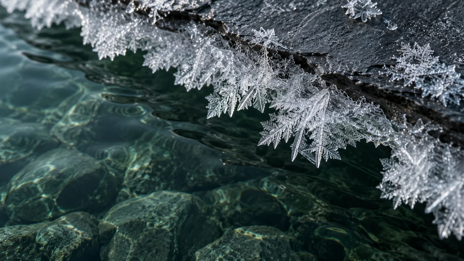 Frost crystals along dark slate above clear water