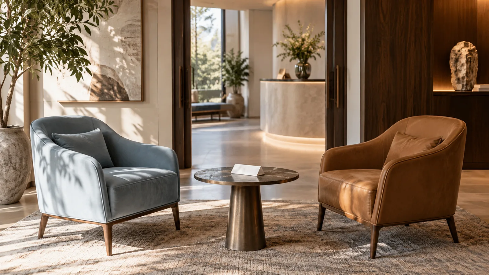 Two differently colored empty chairs sharing a small table near a wide sunlit doorway