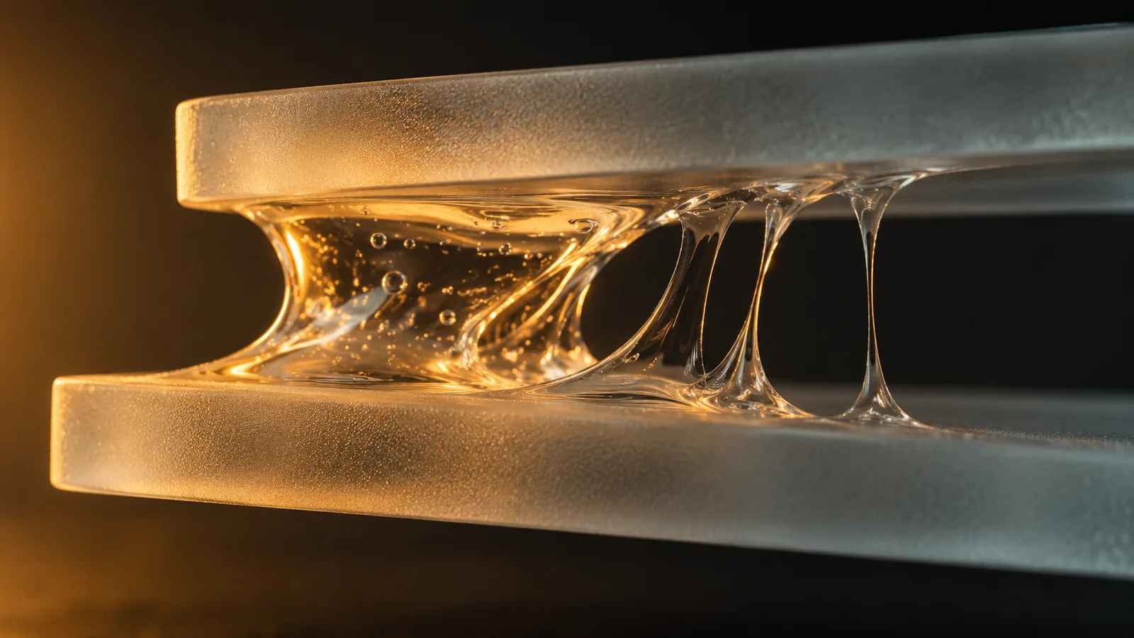 Transparent gel stretched between offset frosted glass plates