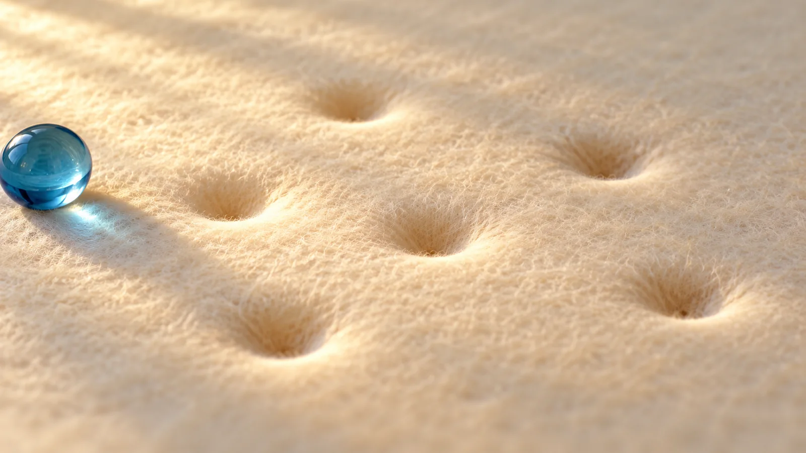 Soft cream felt with several gentle indents and a single blue glass bead