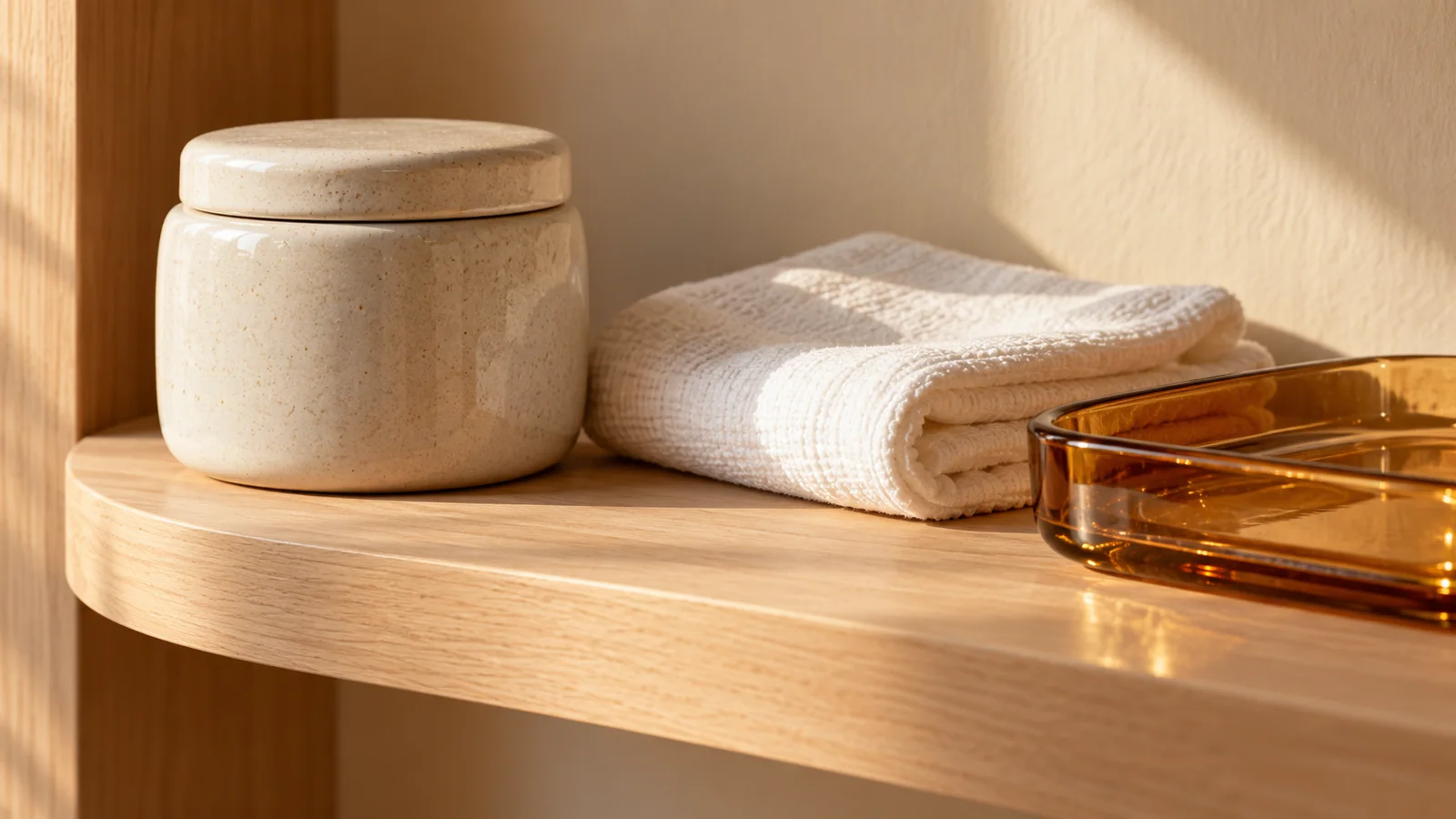 A closed ceramic jar and folded white cloth on a curved wooden shelf