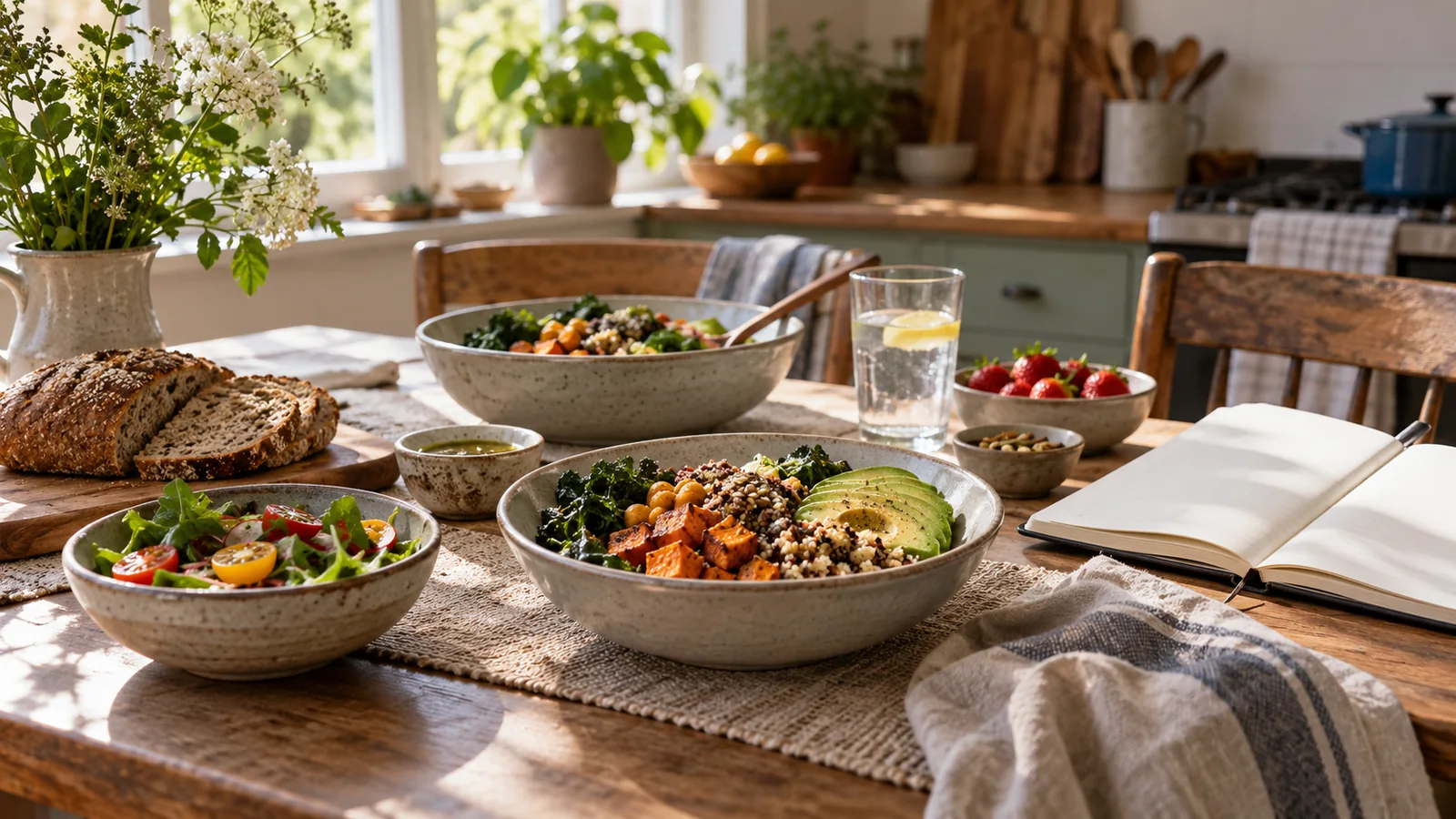 An ordinary meal in ceramic bowls beside a blank notebook