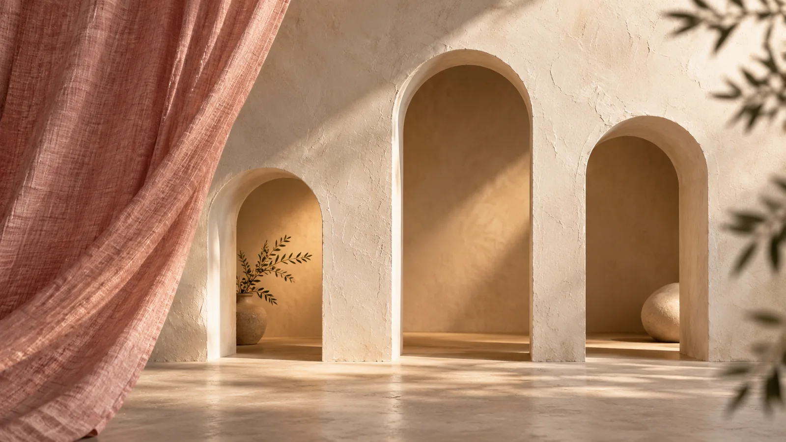 A rose linen curtain partially revealing ivory architectural arches of different heights