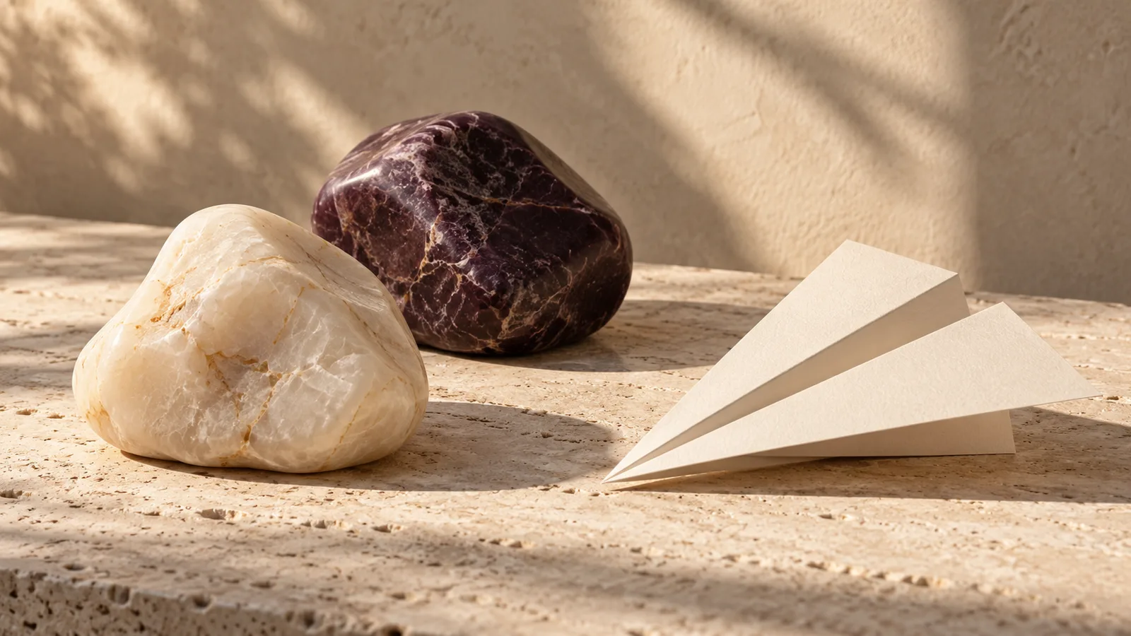 Two differently shaped smooth stones set beside a folded clinical paper, without text
