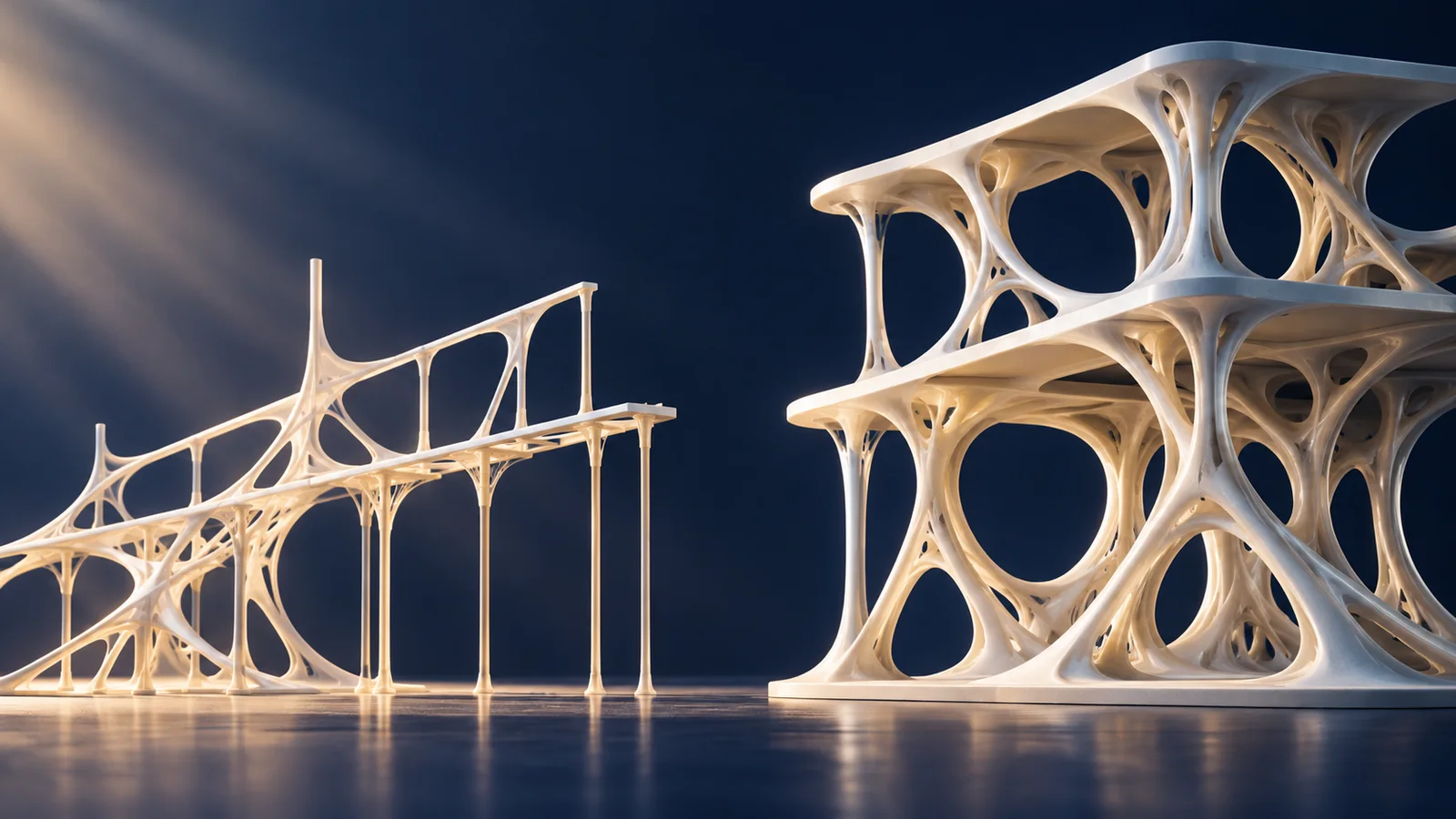 Two ivory architectural lattices at different stages against a deep indigo background