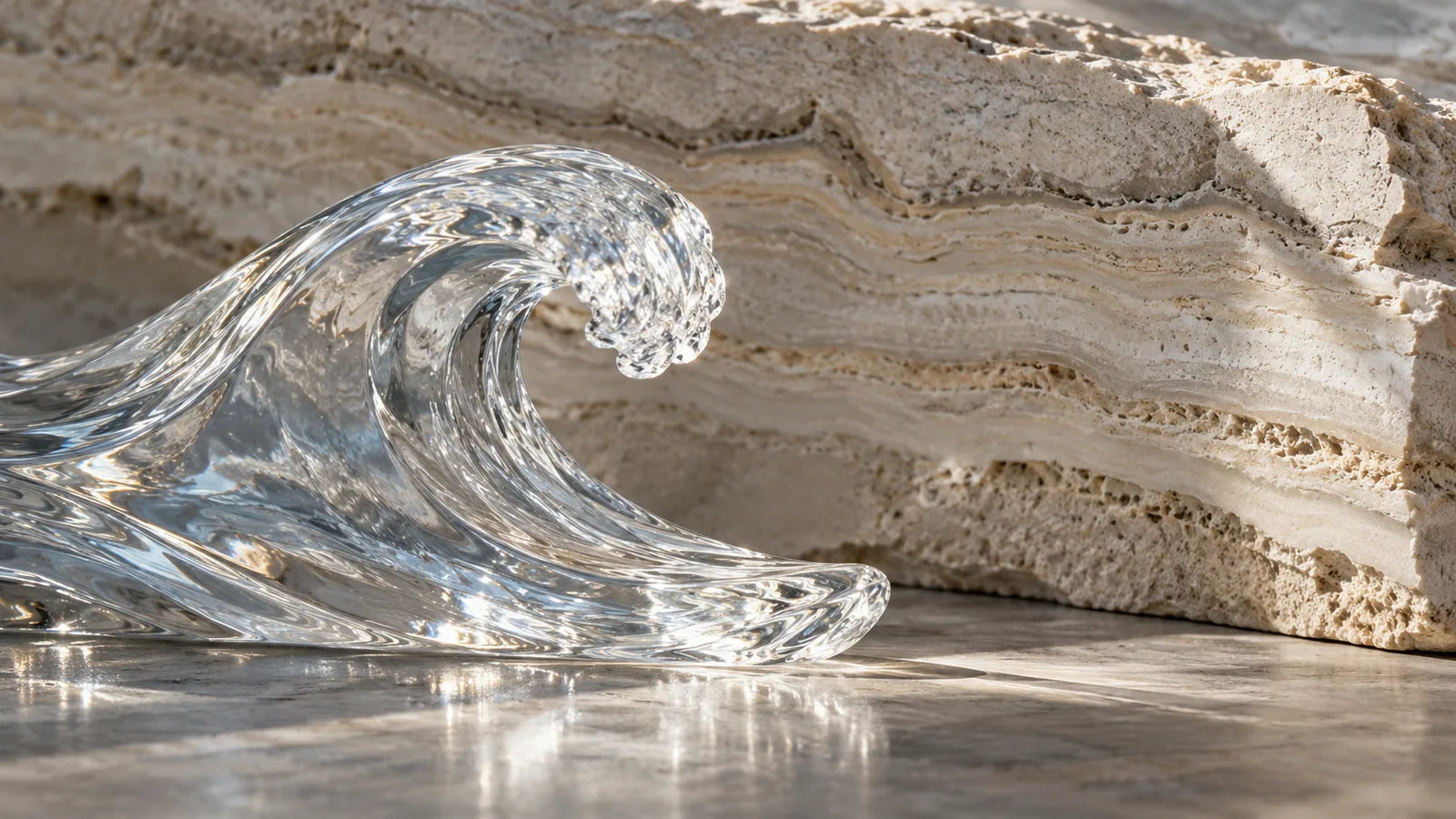 A clear cast-glass wave beside layered pale stone, with light revealing internal reflections