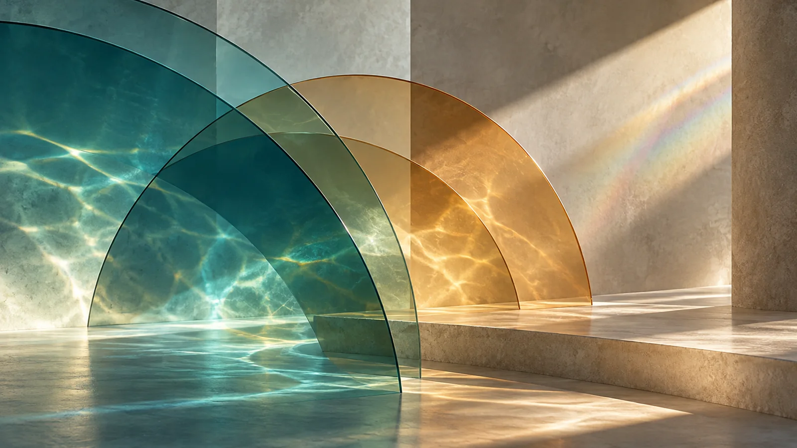 Overlapping teal and amber glass arcs casting calm prismatic light on stone