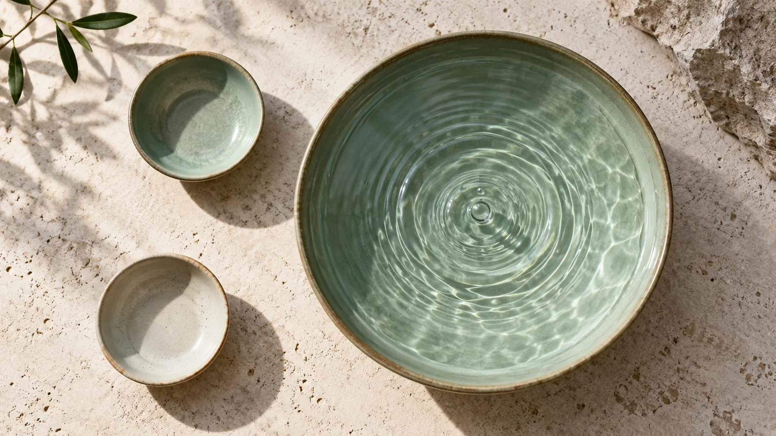 A jade ceramic bowl with concentric water ripples beside two smaller dishes on pale stone