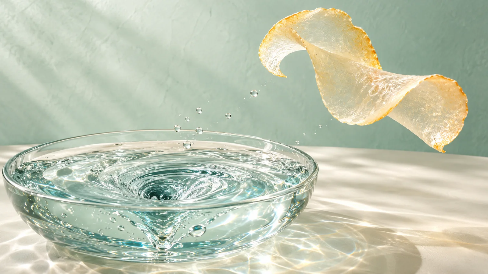 Clear water swirling in a glass basin beneath a translucent curled sheet