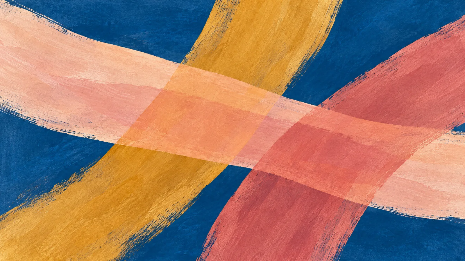 Broad peach, ochre, and rose brushstrokes crossing a deep blue painted field