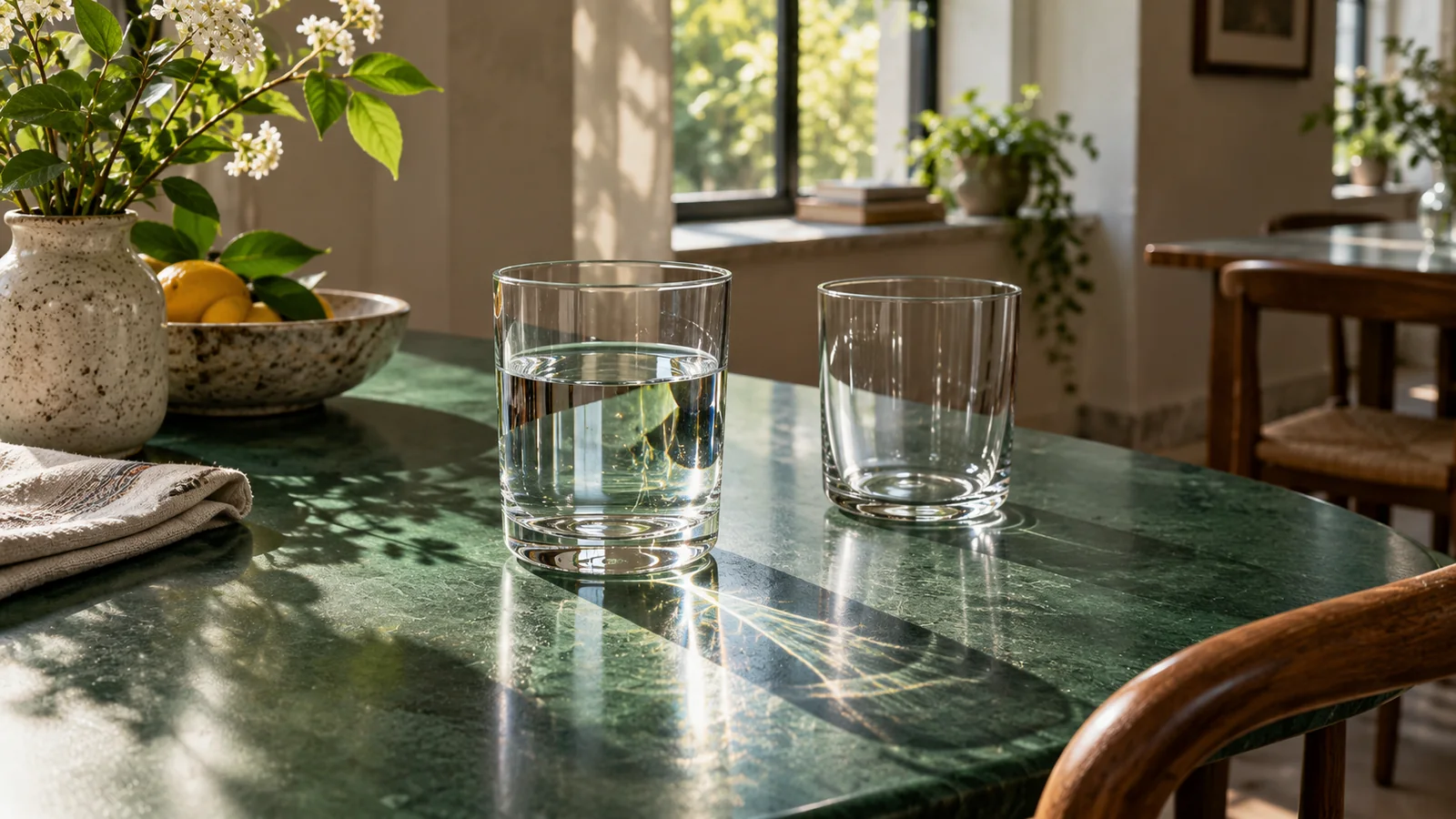 A water tumbler and empty glass casting morning shadows on a green table