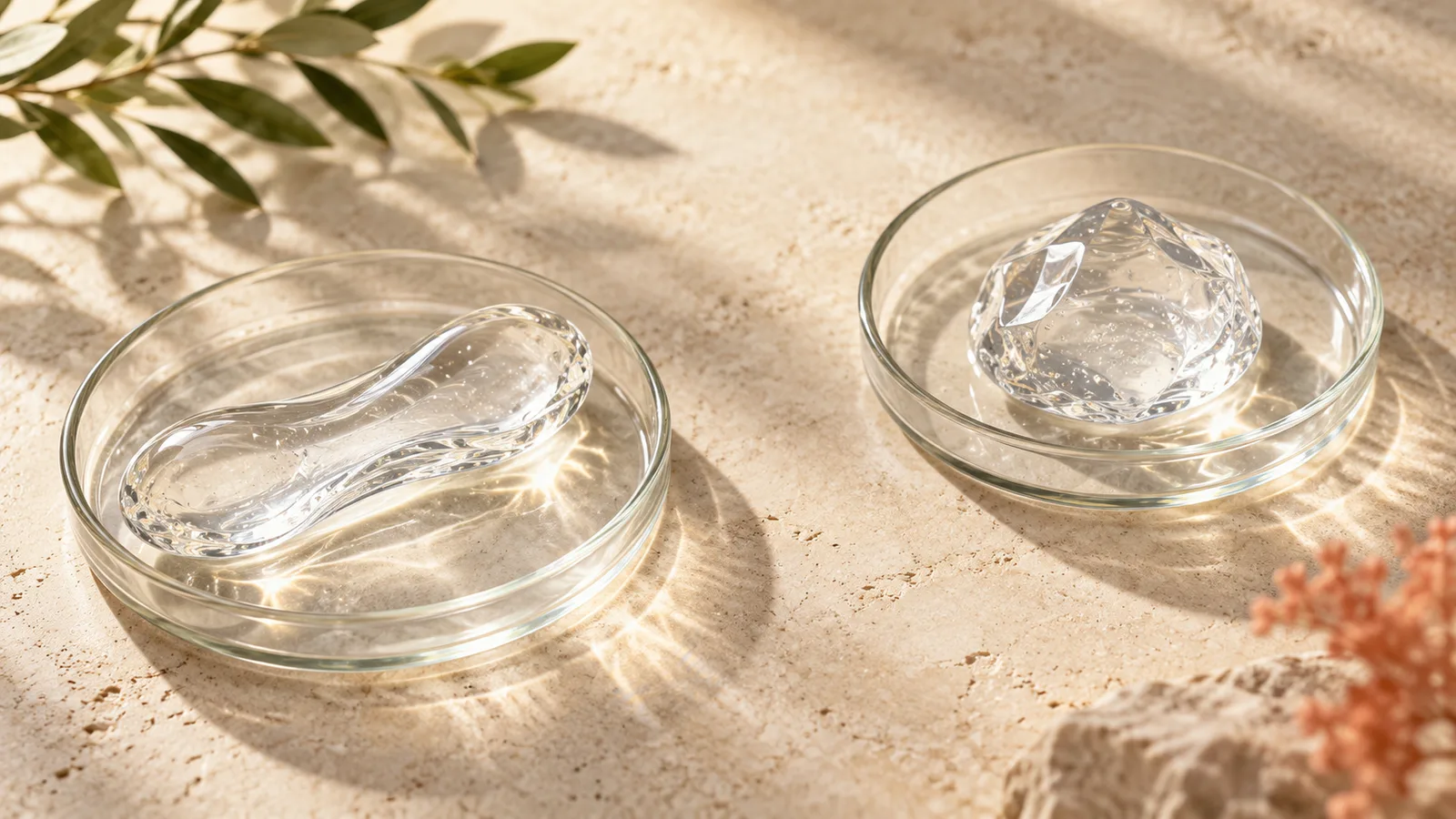 Two different clear gel forms in separate shallow glass dishes on warm stone