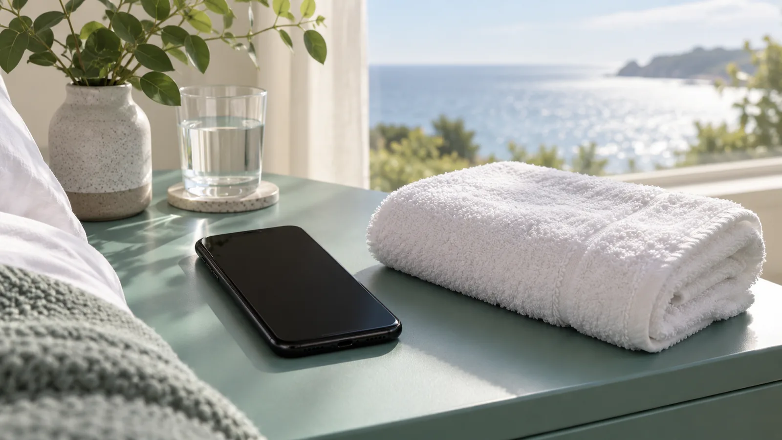 A phone with its screen off beside a folded white towel on a sea-green table