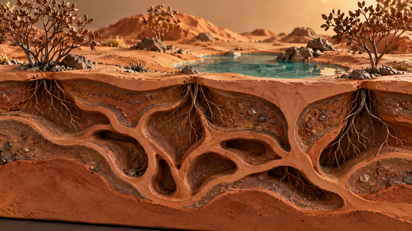Terracotta landscape sculpture exposing roots and winding underground channels