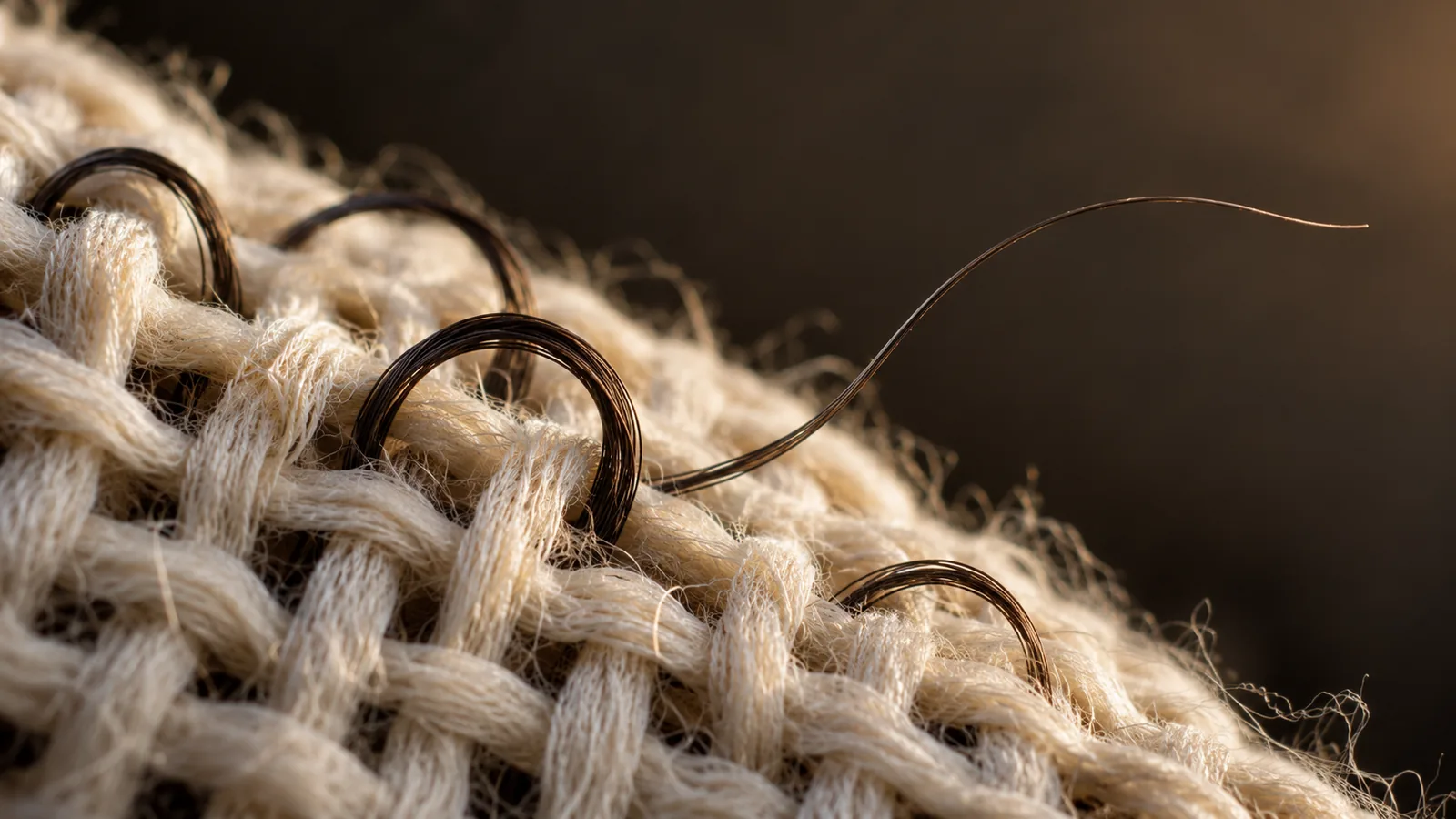 Dark curled threads looping through a loose ivory weave beside a single straight thread