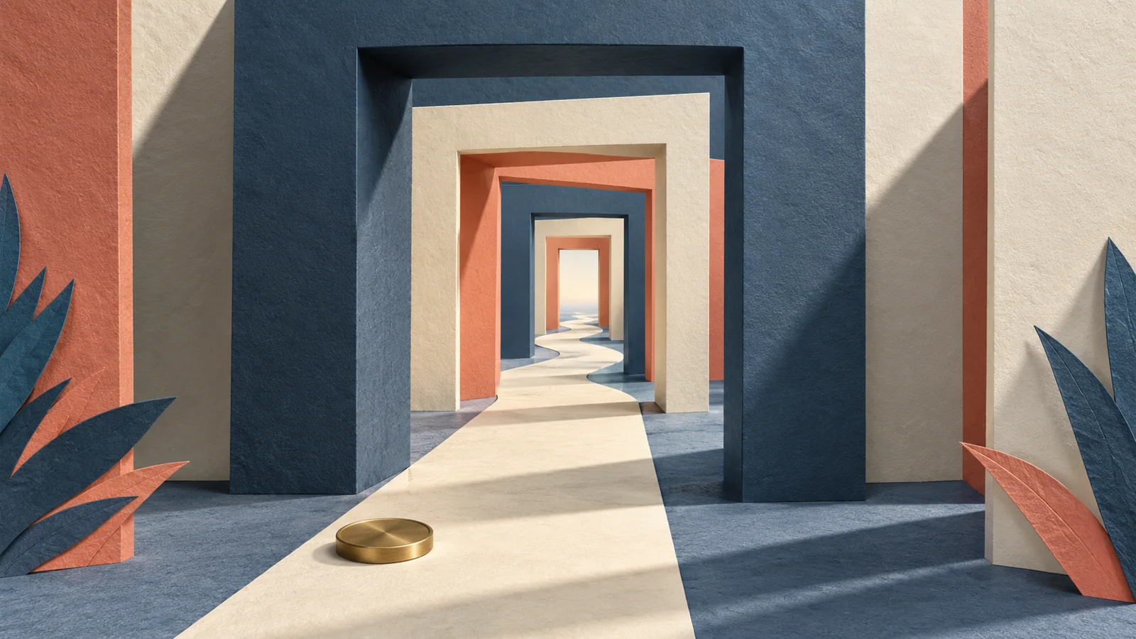 Offset paper gateways with a continuous pale path and brass token