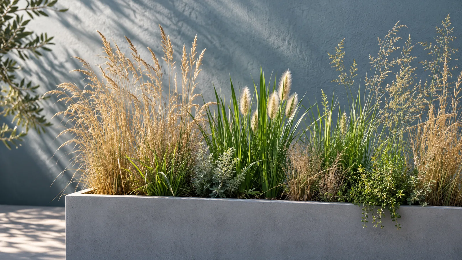 Dry grasses and fresh green shoots at different growth stages in a pale rectangular planter