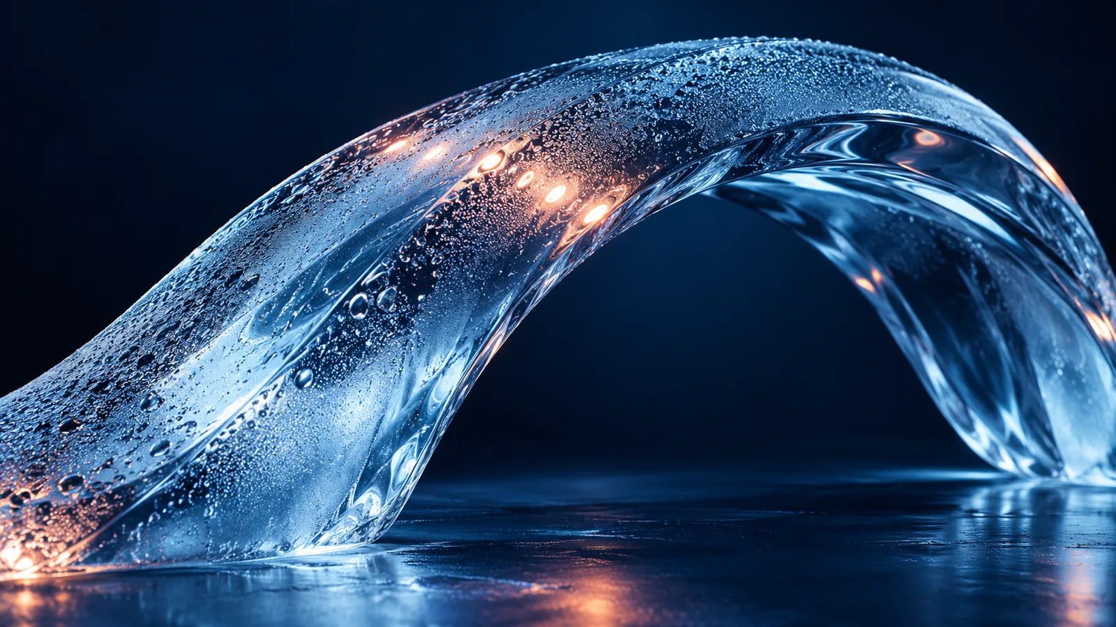 Frosted blue glass arc and small coral points on a dark indigo background, suggesting cooling and brief pulses