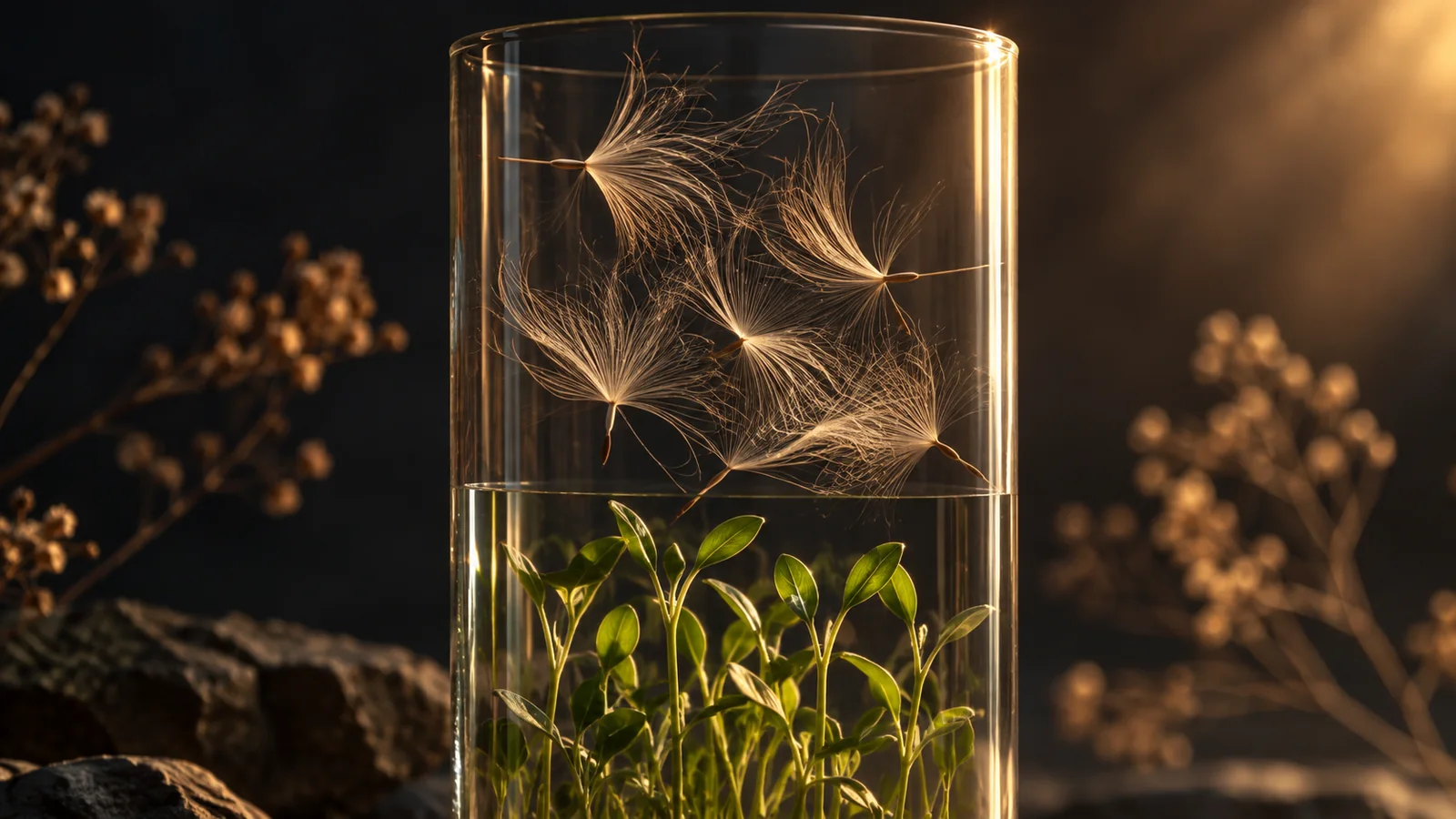Fine seed fibers suspended above small green stems within a clear glass cylinder