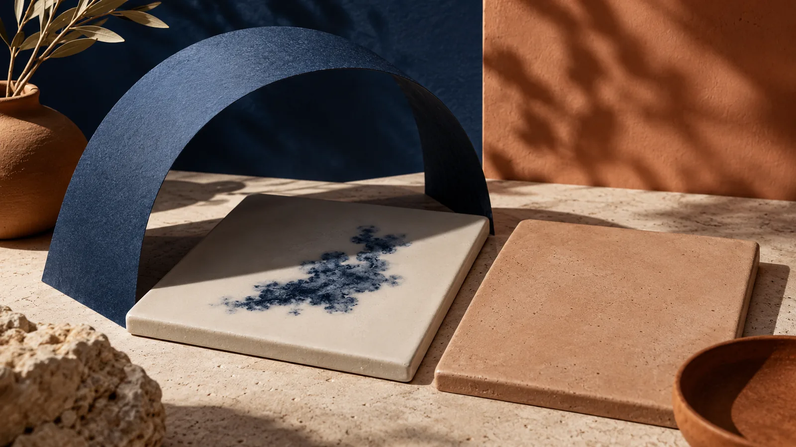 An indigo-patterned ceramic tile partly shaded by an arched paper screen beside plain clay