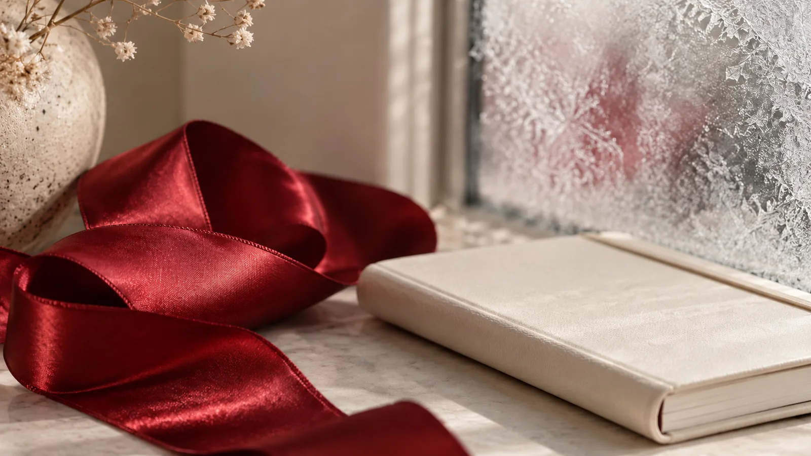 A folded cranberry silk ribbon beside a closed cream journal and softly frosted glass