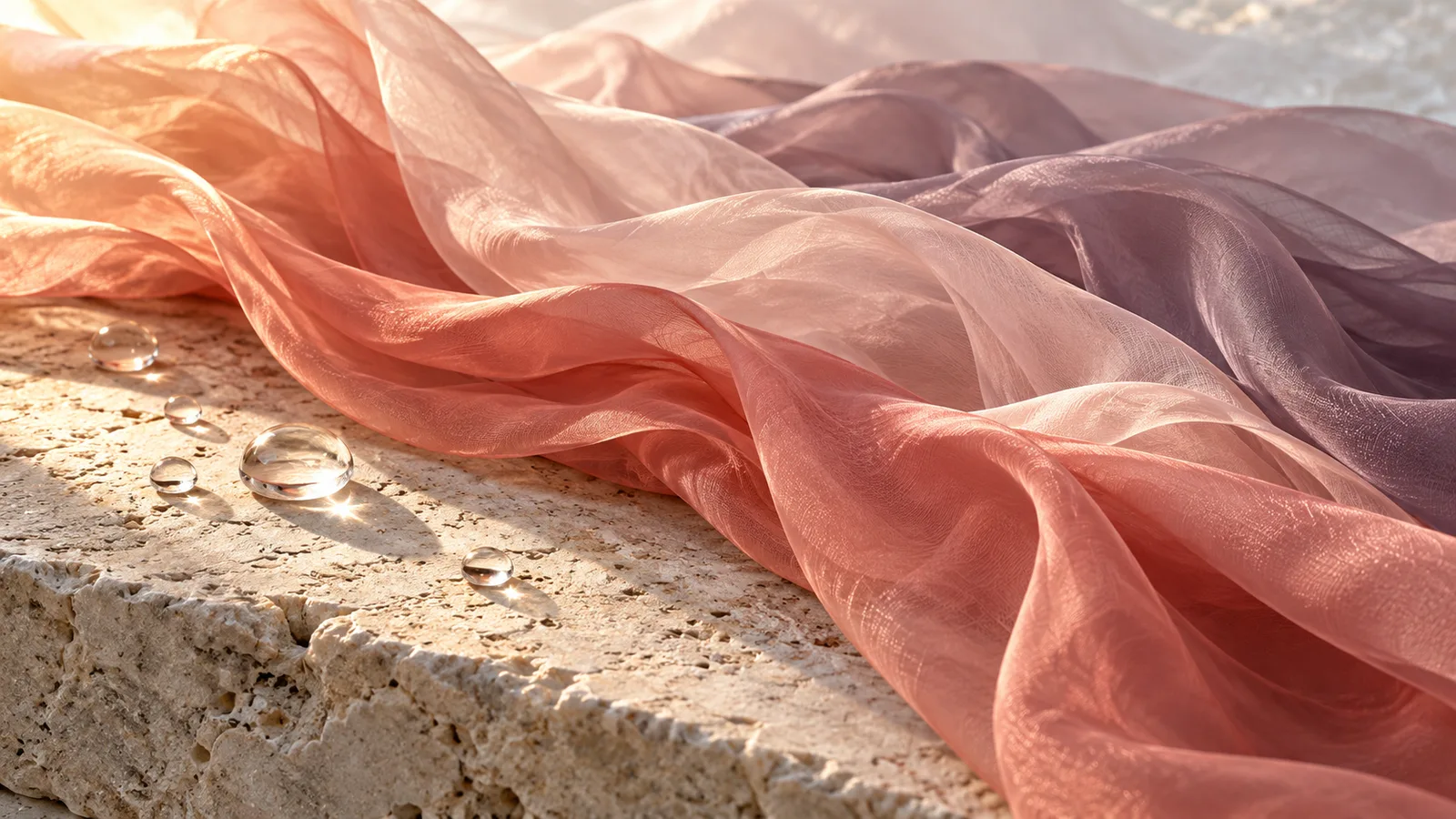 Rose and mauve translucent fabric with water droplets in changing daylight