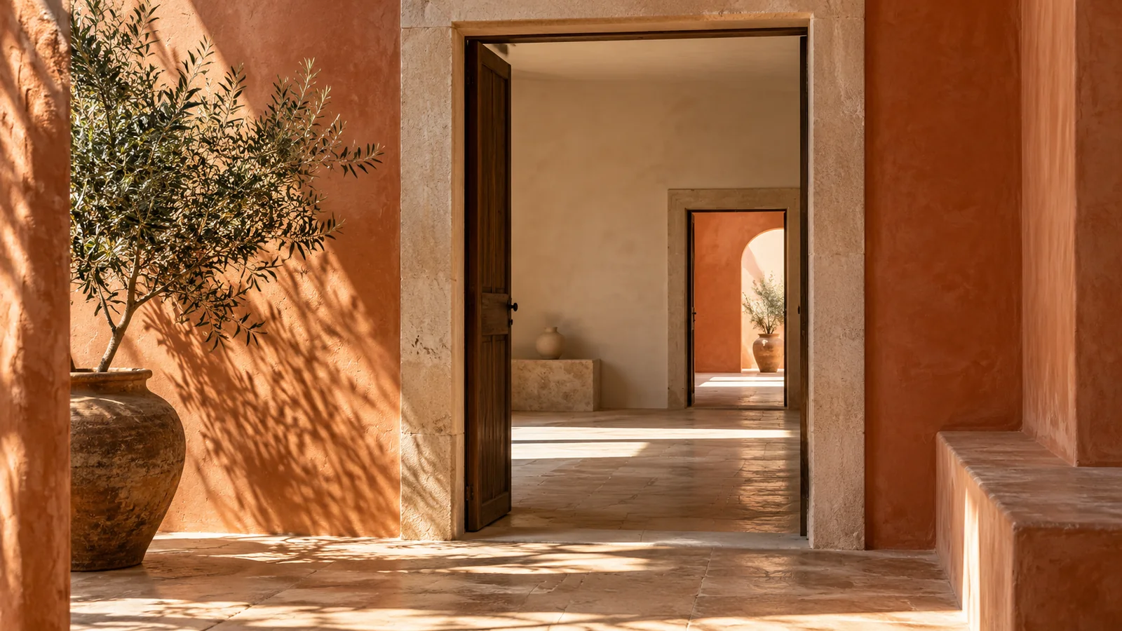 Two separate terracotta doorways in a sunlit passage