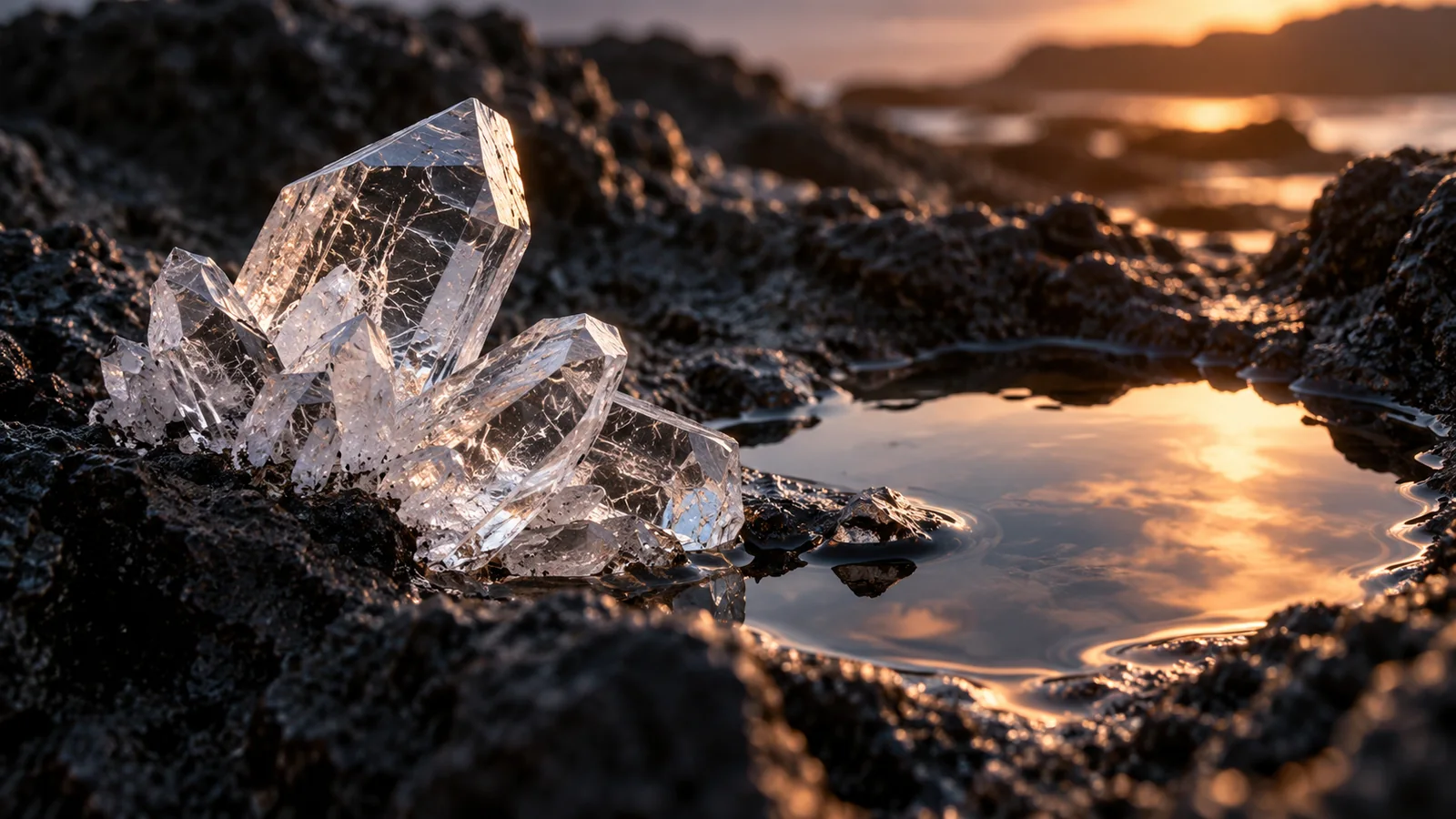 Clear crystalline forms beside a reflective pool in dark basalt