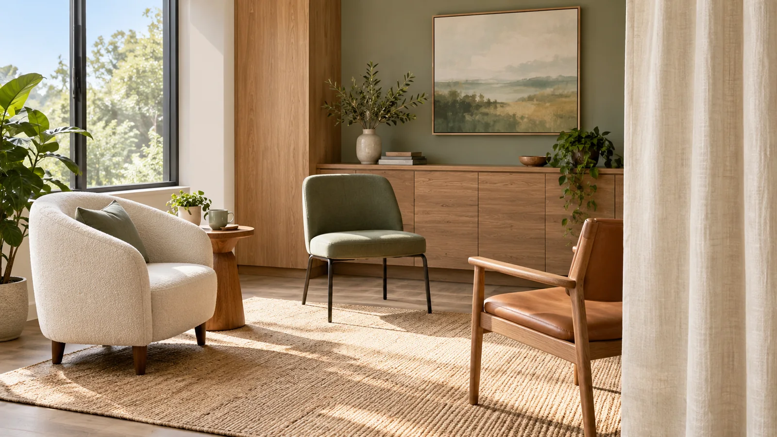 Three empty seats beside a linen privacy curtain
