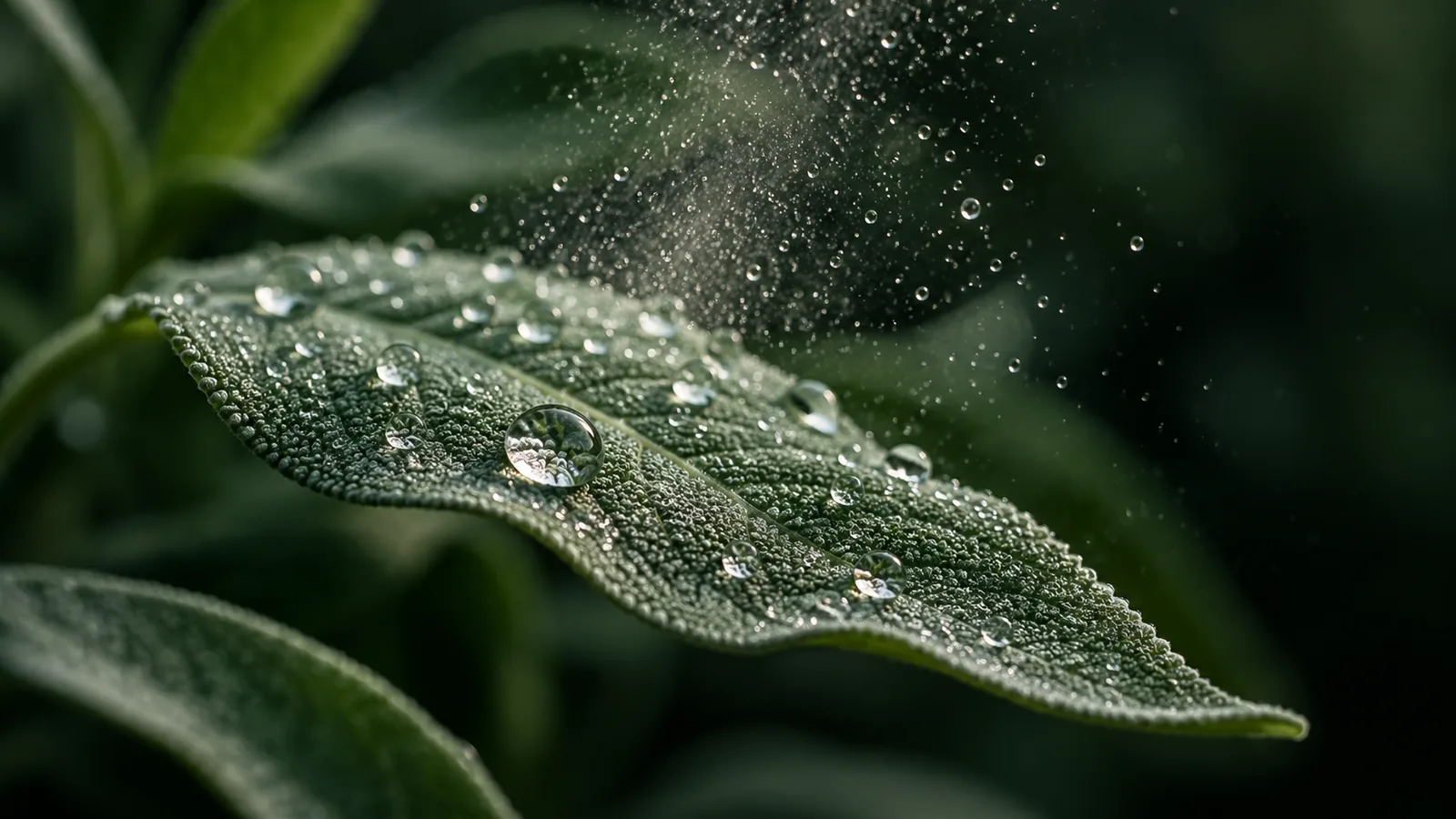 Fine mist above a textured sage leaf with larger clear droplets resting on its surface