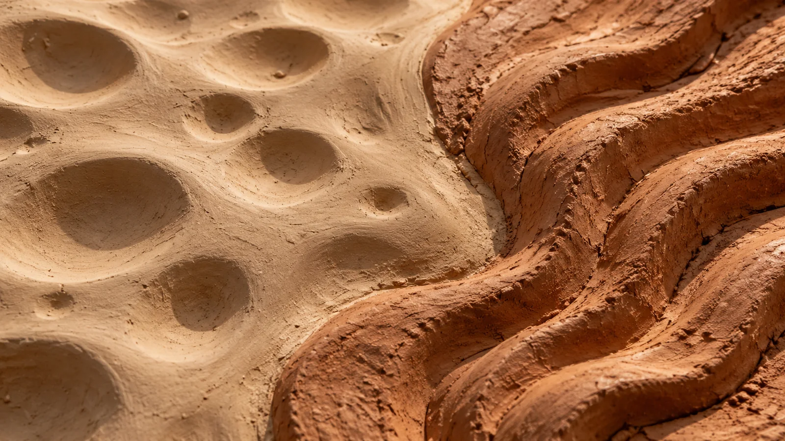 Handcrafted clay with shallow dimples and raised rounded ridges