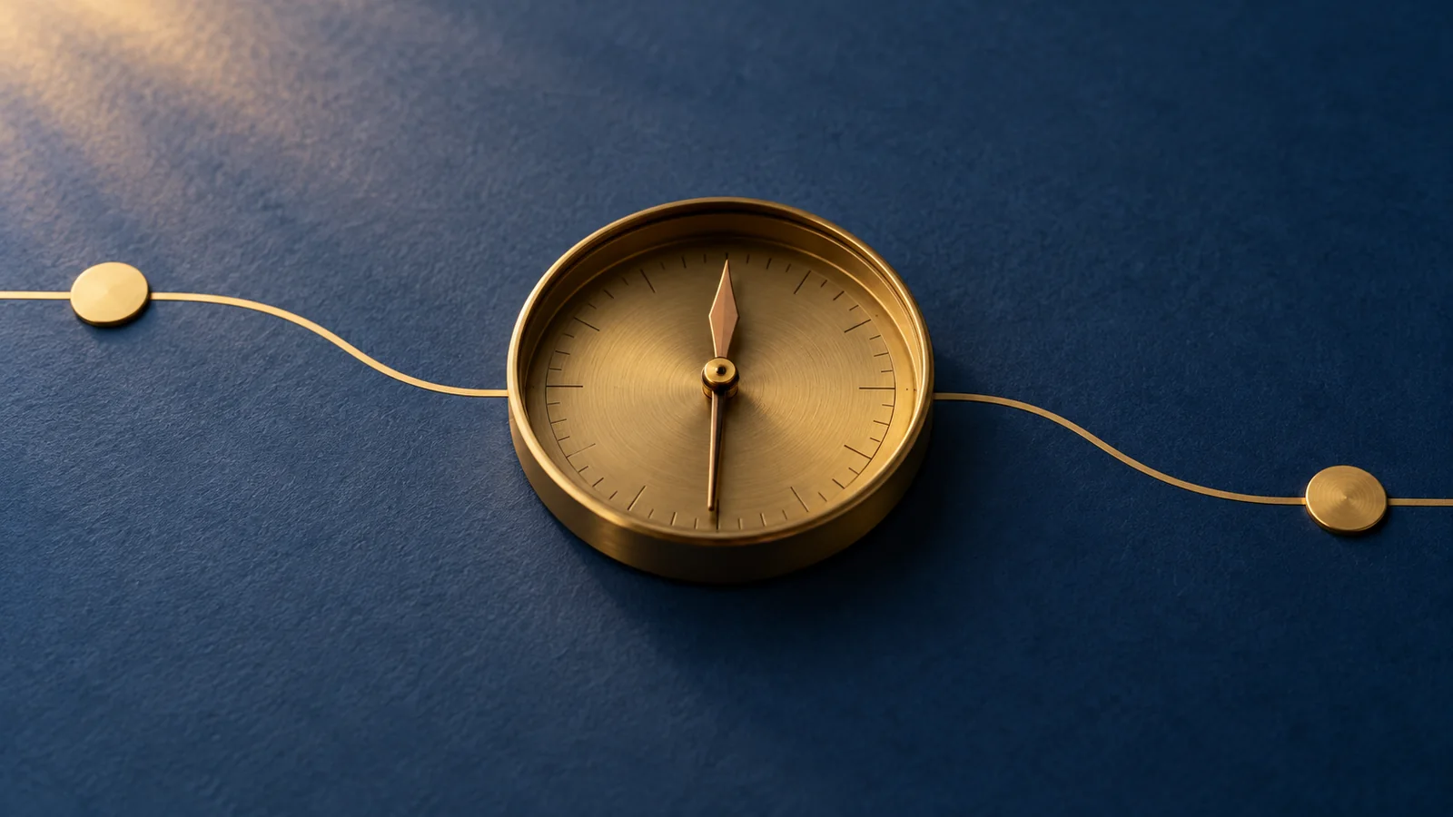Blank brass compass dial between unmarked milestones on deep blue paper