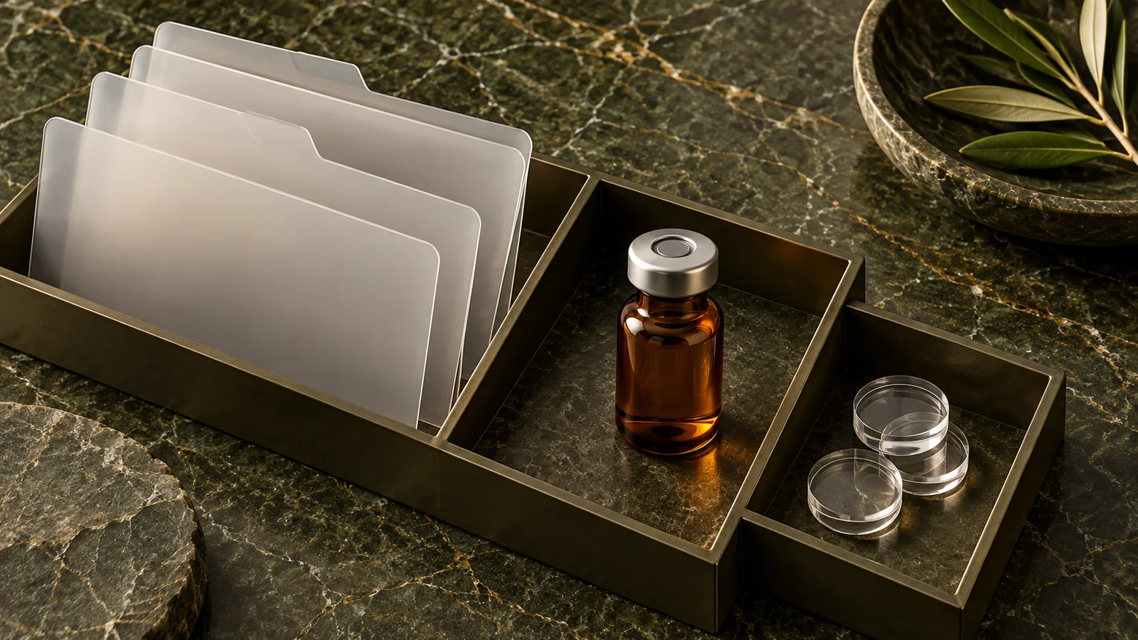 Blank translucent folders, an unlabeled amber vial and clear accounting tokens in separate compartments