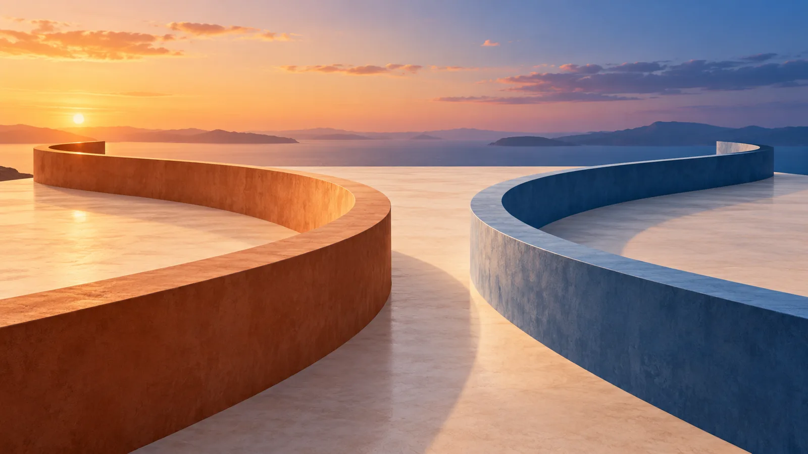 Terracotta and blue architectural paths diverge beneath a twilight sky