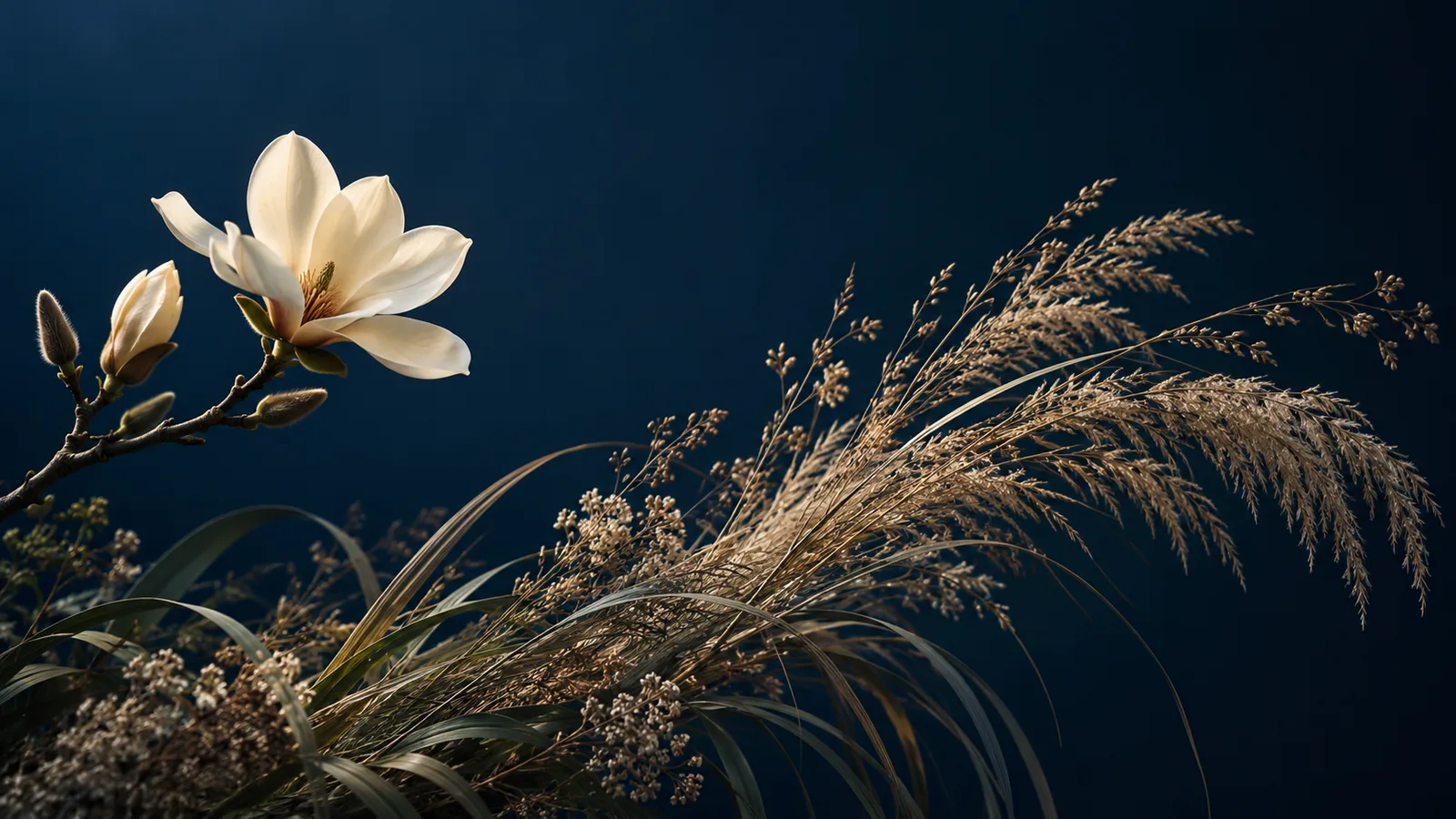 An early-blooming branch beside a longer seasonal arc in a quiet editorial still life