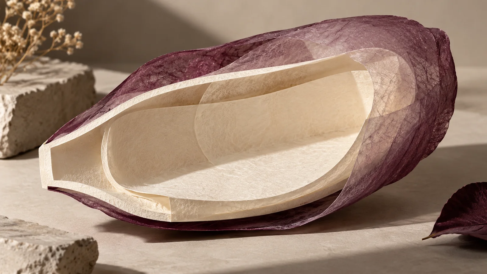 An ivory paper enclosure with overlapping lining and an aubergine outer layer