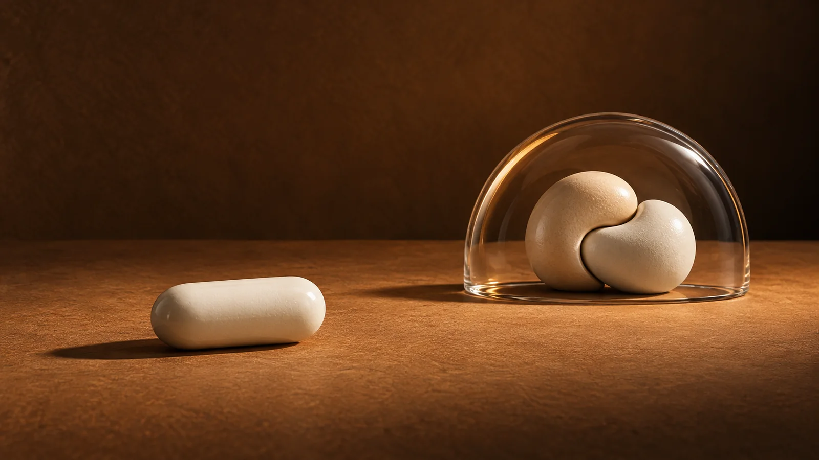 One ivory ceramic form beside two interlocking forms under separate transparent covers