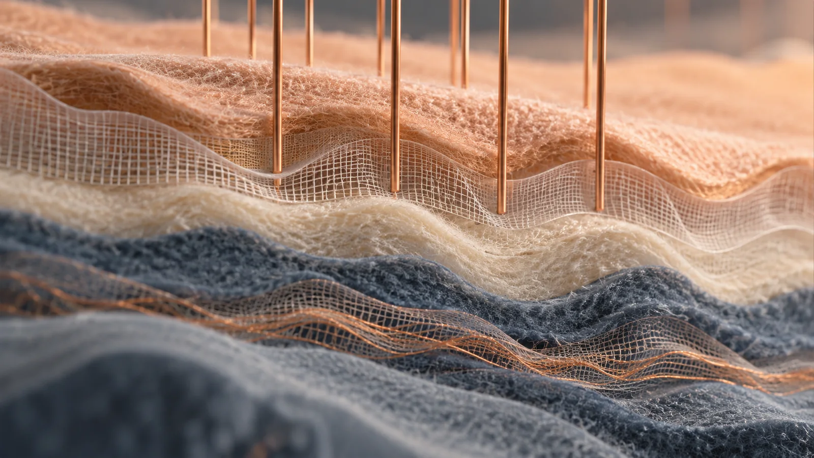 Copper threads descending into layered peach, cream and blue textiles
