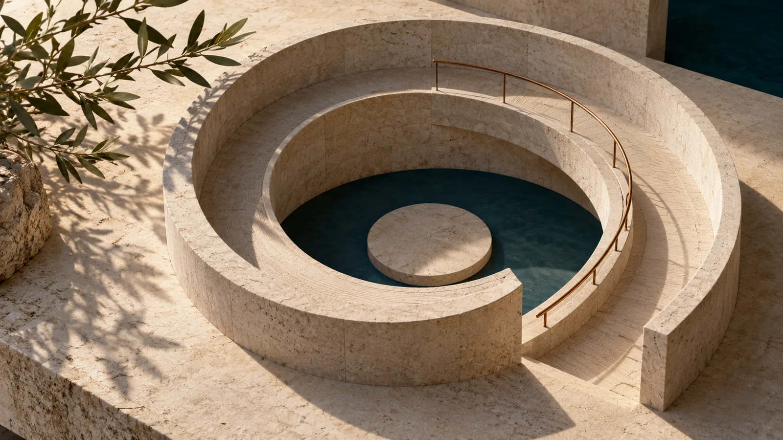 Limestone spiral ramp with a copper handrail around a deep-blue courtyard