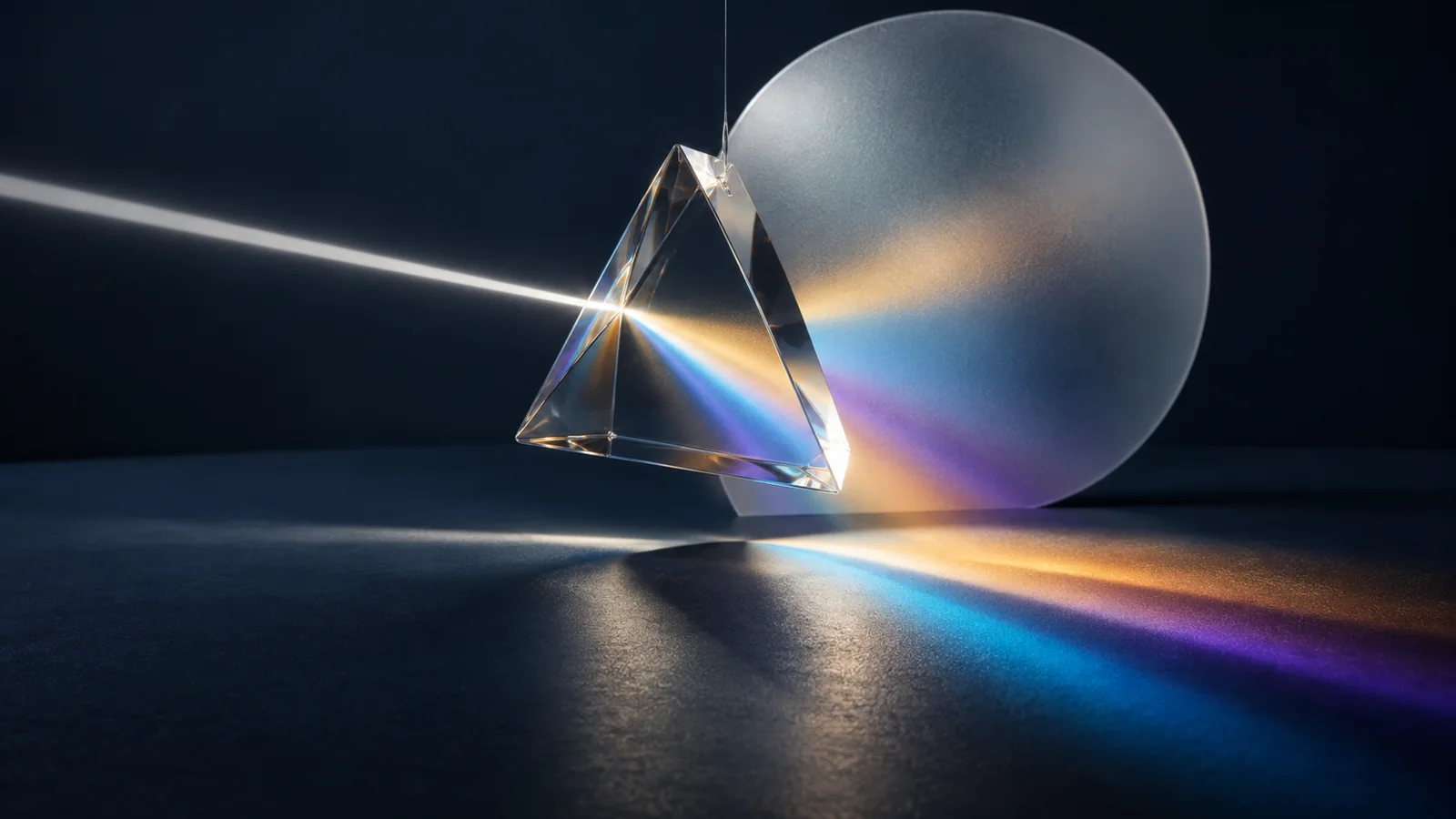 Suspended glass prism spreading colored light across a dark surface