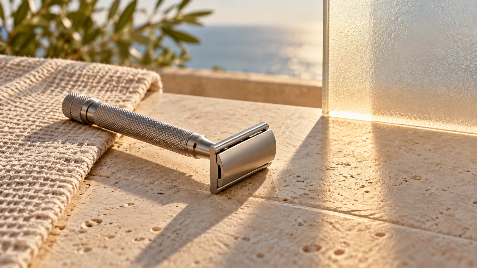 Unbranded safety razor on limestone tile beside folded fabric and frosted morning light