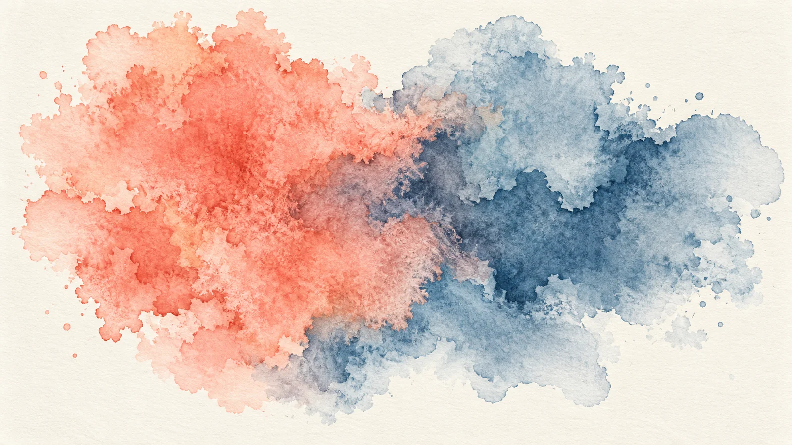 Coral and slate-blue watercolor blooms meeting on textured paper