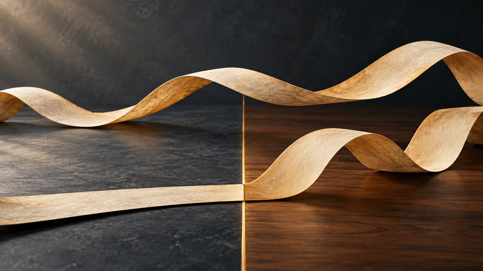 Two sculptural paper paths, one beginning at a threshold and one continuing across it