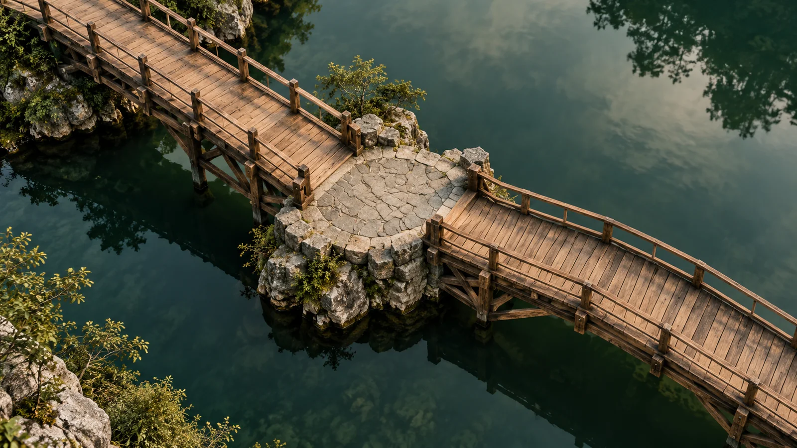 Two wooden footbridges meeting at a stone landing over green water